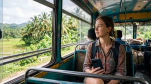 Traveler using mobile internet while riding a local bus in Sri Lanka