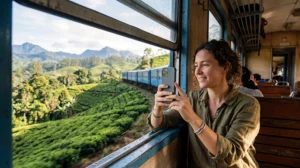 Traveler using mobile internet while riding a scenic train in Sri Lanka
