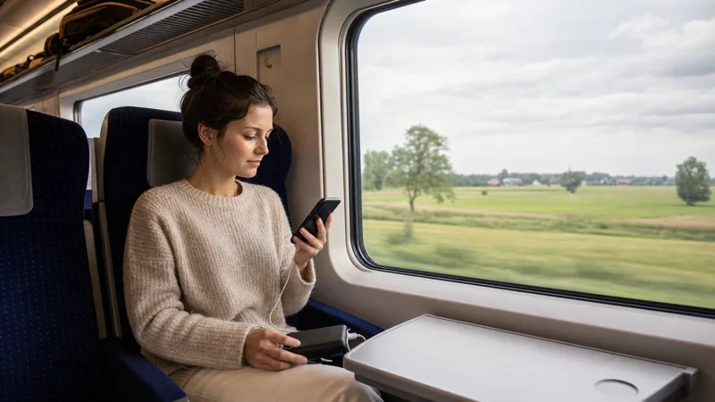 Passenger checking mobile data inside a Polish intercity train.