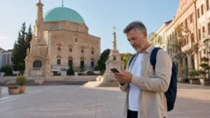 Traveller using a smartphone in the historic centre of Pécs, Hungary