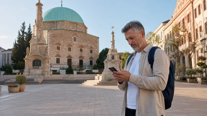 Traveller using a smartphone in the historic centre of Pécs, Hungary