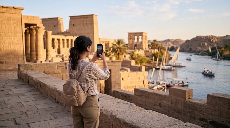 Tourist using mobile internet while visiting Philae Temple in Aswan Egypt