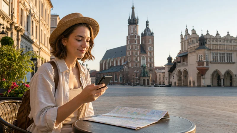 Tourist using a smartphone in Kraków Main Market Square in Poland.
