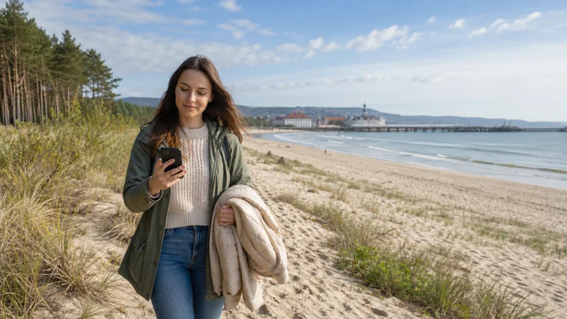 Traveller using a smartphone beside a beach on the Polish Baltic coast.