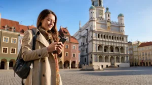 Traveller using mobile internet in central Poznań.