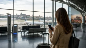 Traveller preparing mobile internet in the Prague Airport terminal.