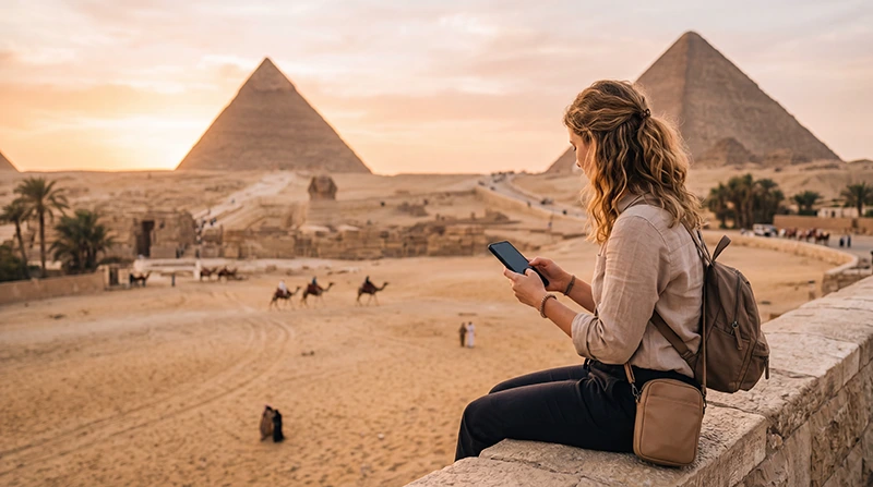 Tourist using mobile internet while visiting the Pyramids of Giza