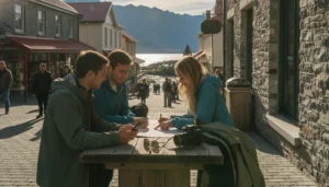 Tourists using mobile internet while planning activities in central Queenstown