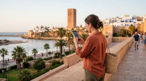 Tourist using mobile internet in Rabat Morocco