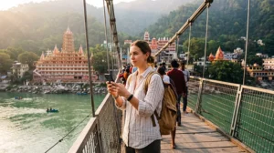 Tourist using an India eSIM in Rishikesh