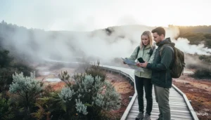 Tourists using mobile internet while exploring a geothermal area near Rotorua