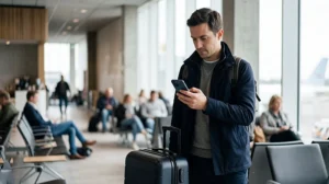 Traveller using mobile internet after arriving at Rotterdam The Hague Airport