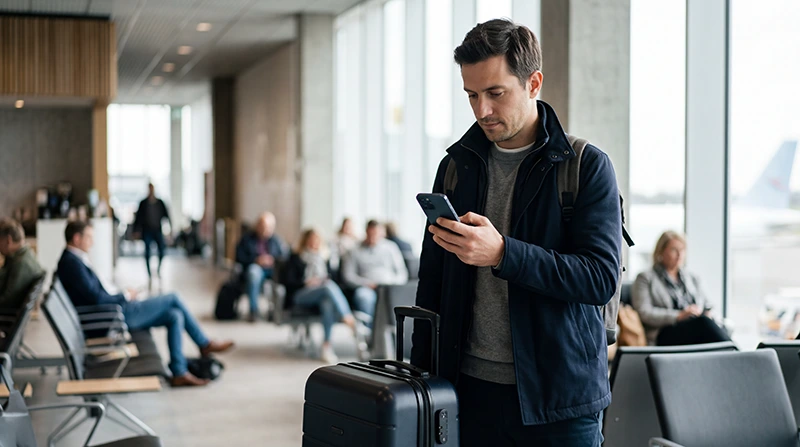Traveller using mobile internet after arriving at Rotterdam The Hague Airport