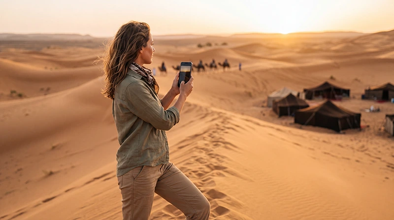 Tourist using mobile internet in the Sahara Desert Morocco