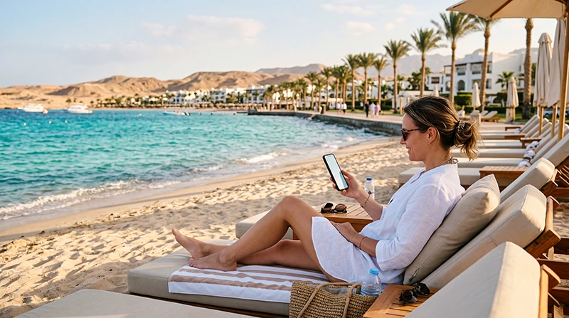 Tourist using mobile internet while visiting Sahl Hasheesh Egypt