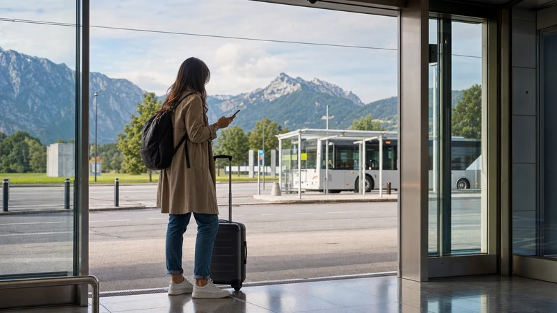 Traveller checking mobile internet after arriving at Salzburg Airport
