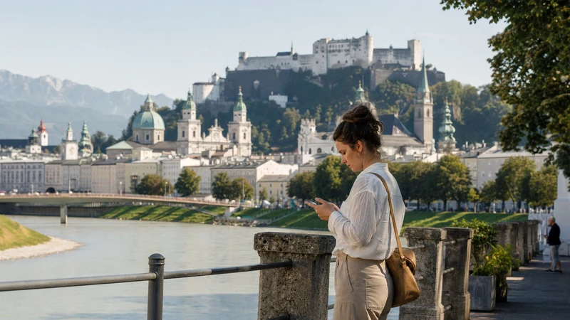 Tourist using a smartphone for internet access in Salzburg