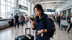 Traveler getting internet access after arriving at Shanghai Pudong Airport