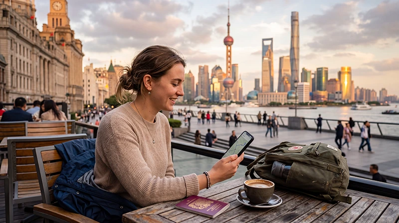 Tourist using mobile internet while exploring Shanghai
