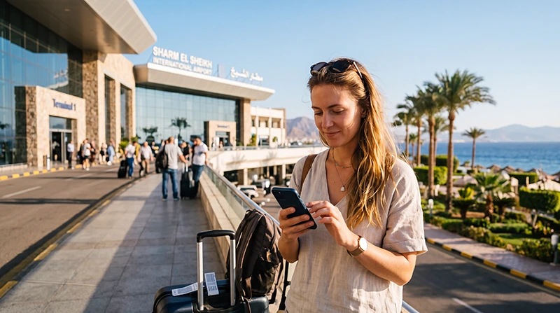 Tourist using mobile internet after arriving at Sharm El Sheikh International Airport