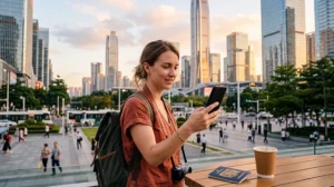 Tourist using mobile internet while exploring Shenzhen