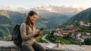 Tourist using mobile internet while traveling in Sichuan Province