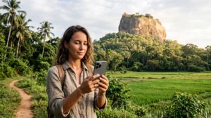 Tourist using mobile internet near Sigiriya Rock Fortress in Sri Lanka