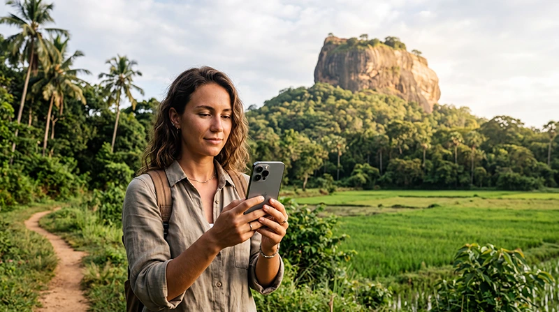 Tourist using mobile internet near Sigiriya Rock Fortress in Sri Lanka
