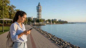 Tourist using a smartphone near the lakeside promenade in Siófok, Hungary