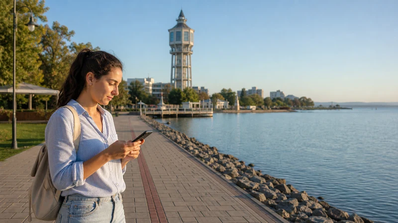 Tourist using a smartphone near the lakeside promenade in Siófok, Hungary