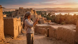 Tourist using mobile internet while visiting Siwa Oasis in Egypt