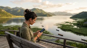 Traveler using mobile internet while visiting Lake Skadar in Montenegro