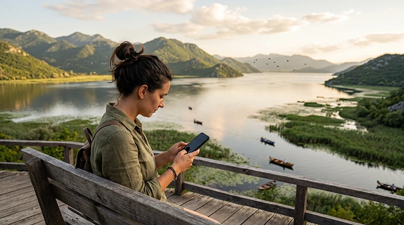 Traveler using mobile internet while visiting Lake Skadar in Montenegro