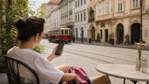 Tourist using a smartphone at a Bratislava café beside an old-town tram route.
