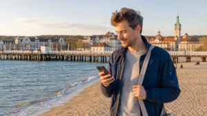 Traveller using mobile internet near Sopot beach and pier.