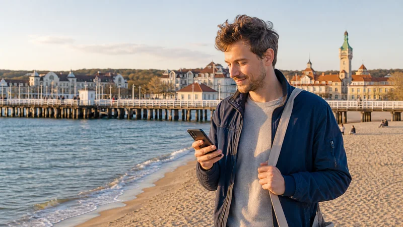 Traveller using mobile internet near Sopot beach and pier.