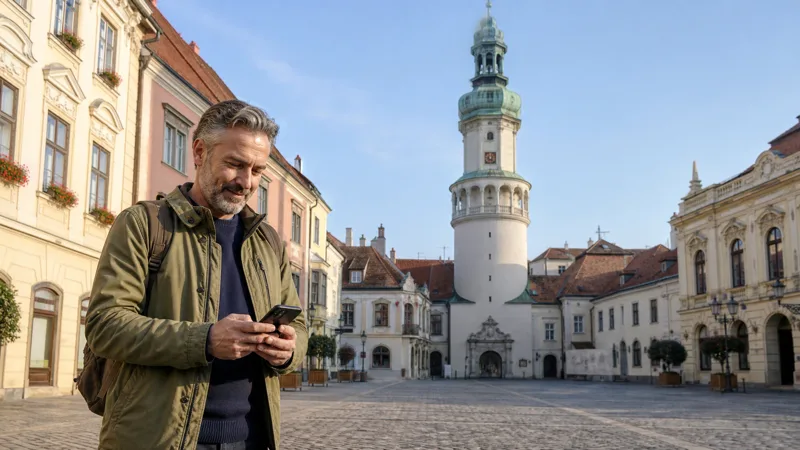 Tourist using a smartphone in the historic centre of Sopron, Hungary