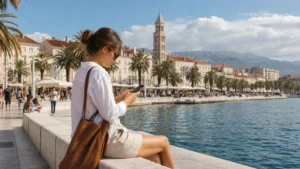 Traveller using mobile data on the Split Riva waterfront.