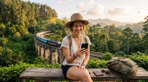 Tourist using mobile internet while traveling in Sri Lanka