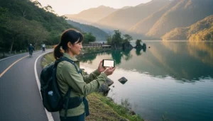 Tourist using mobile internet while visiting Sun Moon Lake in Taiwan