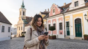 Tourist using a smartphone on a colourful street in Szentendre, Hungary