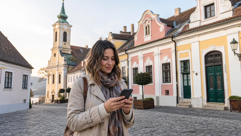 Tourist using a smartphone on a colourful street in Szentendre, Hungary