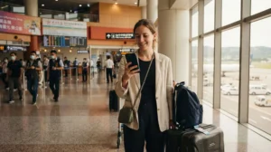 Traveller using internet after arriving at Taichung International Airport in Taiwan