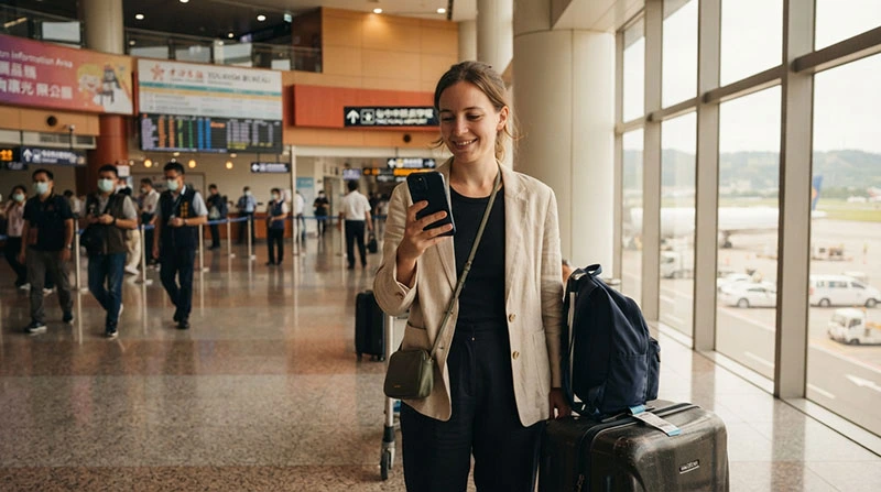 Traveller using internet after arriving at Taichung International Airport in Taiwan