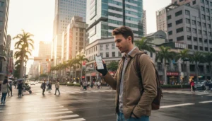 Tourist using mobile internet while exploring Taichung city in Taiwan