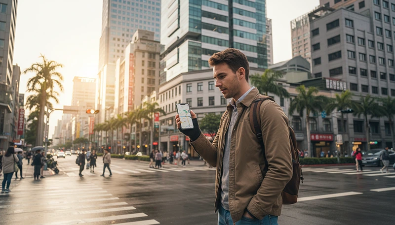 Tourist using mobile internet while exploring Taichung city in Taiwan
