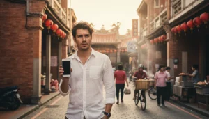 Tourist using mobile internet while exploring Tainan city in Taiwan