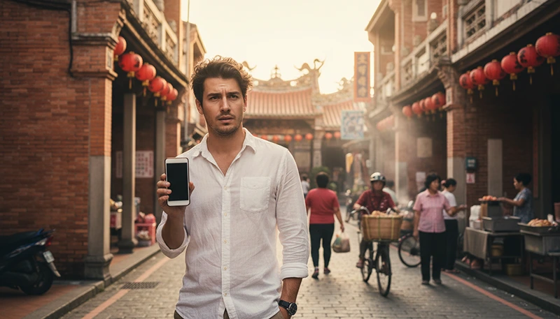 Tourist using mobile internet while exploring Tainan city in Taiwan