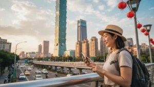 Tourist using mobile internet near Taipei 101 in Taiwan
