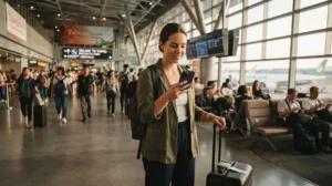 Traveller using internet after arriving at Taipei airport terminal
